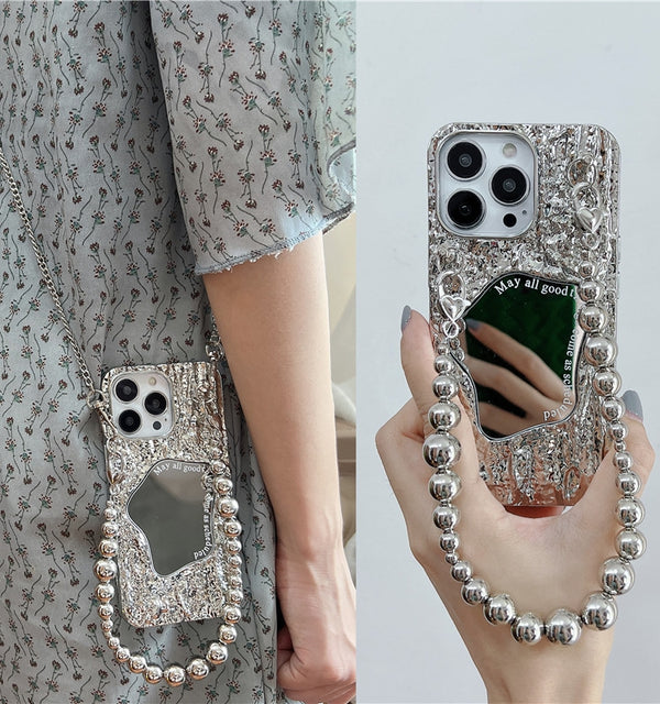 Mirror Wave Silver with Beads Bracelet Chain iPhone Case