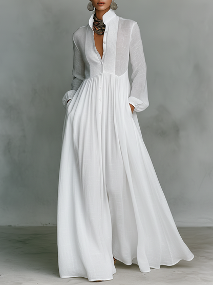 Aveline | Cotton-Linen Stand Collar Maxi Dress