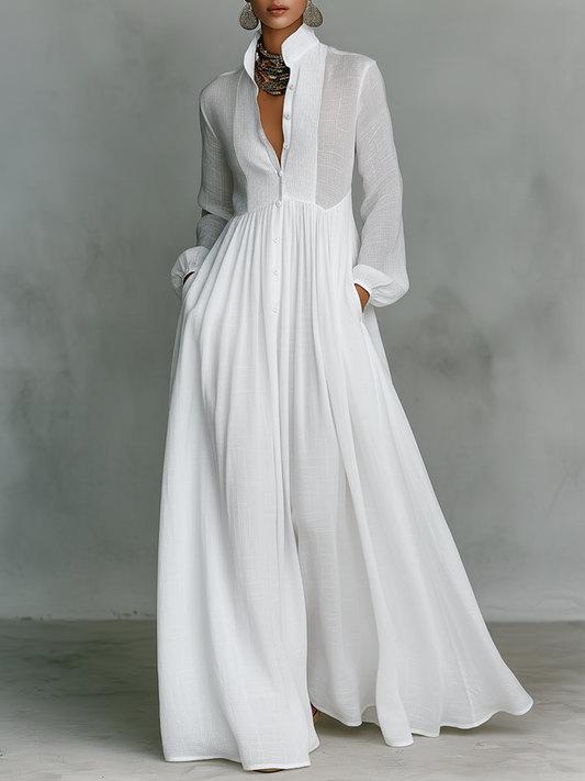 Aveline | Cotton-Linen Stand Collar Maxi Dress