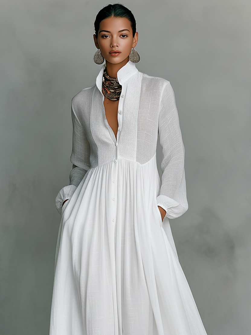 Aveline | Cotton-Linen Stand Collar Maxi Dress