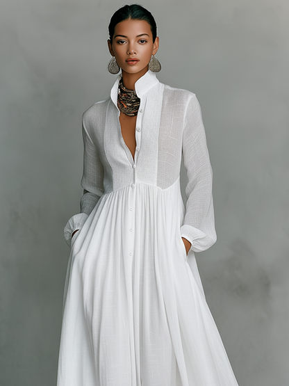 Aveline | Cotton-Linen Stand Collar Maxi Dress