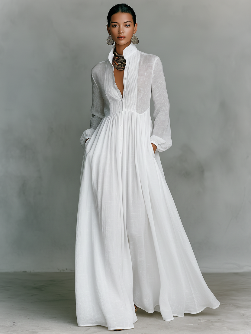 Aveline | Cotton-Linen Stand Collar Maxi Dress