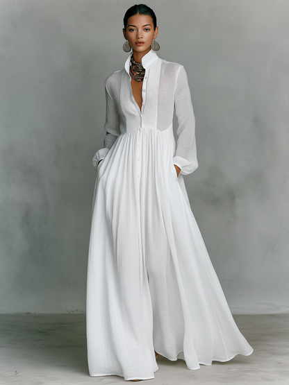 Aveline | Cotton-Linen Stand Collar Maxi Dress