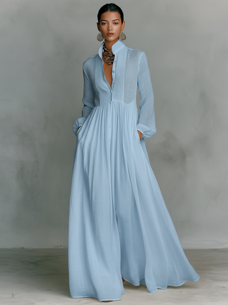 Aveline | Cotton-Linen Stand Collar Maxi Dress