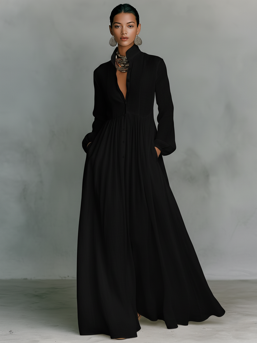 Aveline | Cotton-Linen Stand Collar Maxi Dress