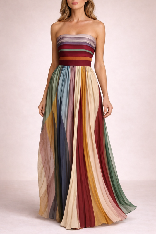 Pleated strapless maxi dress front view