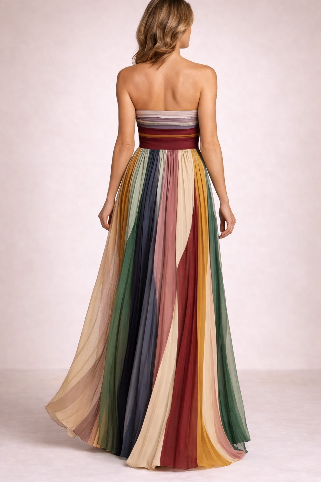 Pleated strapless maxi dress back view