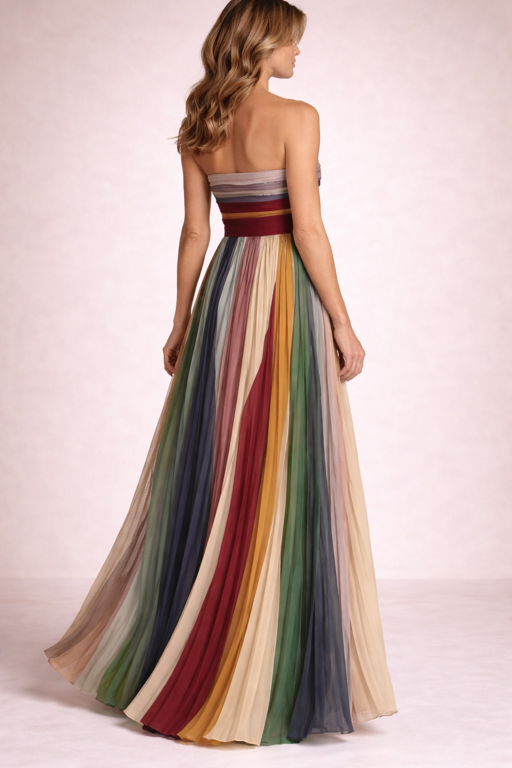 Pleated strapless maxi dress angled back view