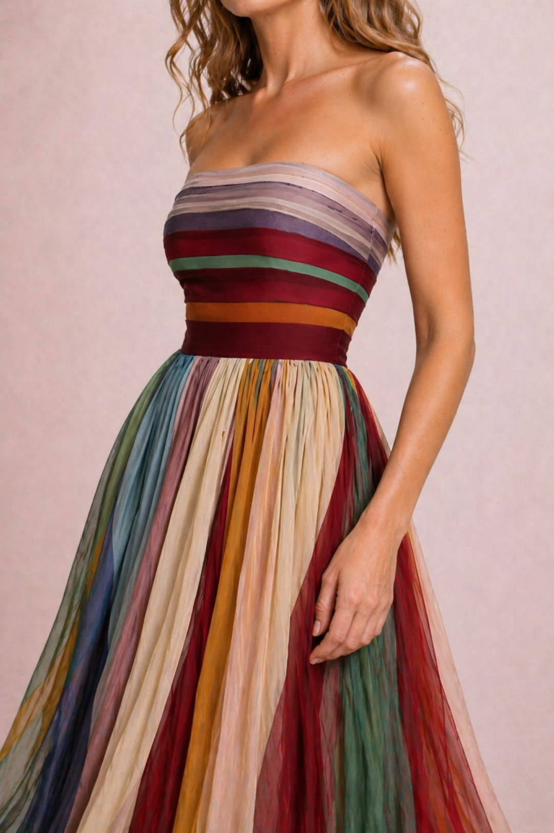 Pleated strapless maxi dress bodice detail