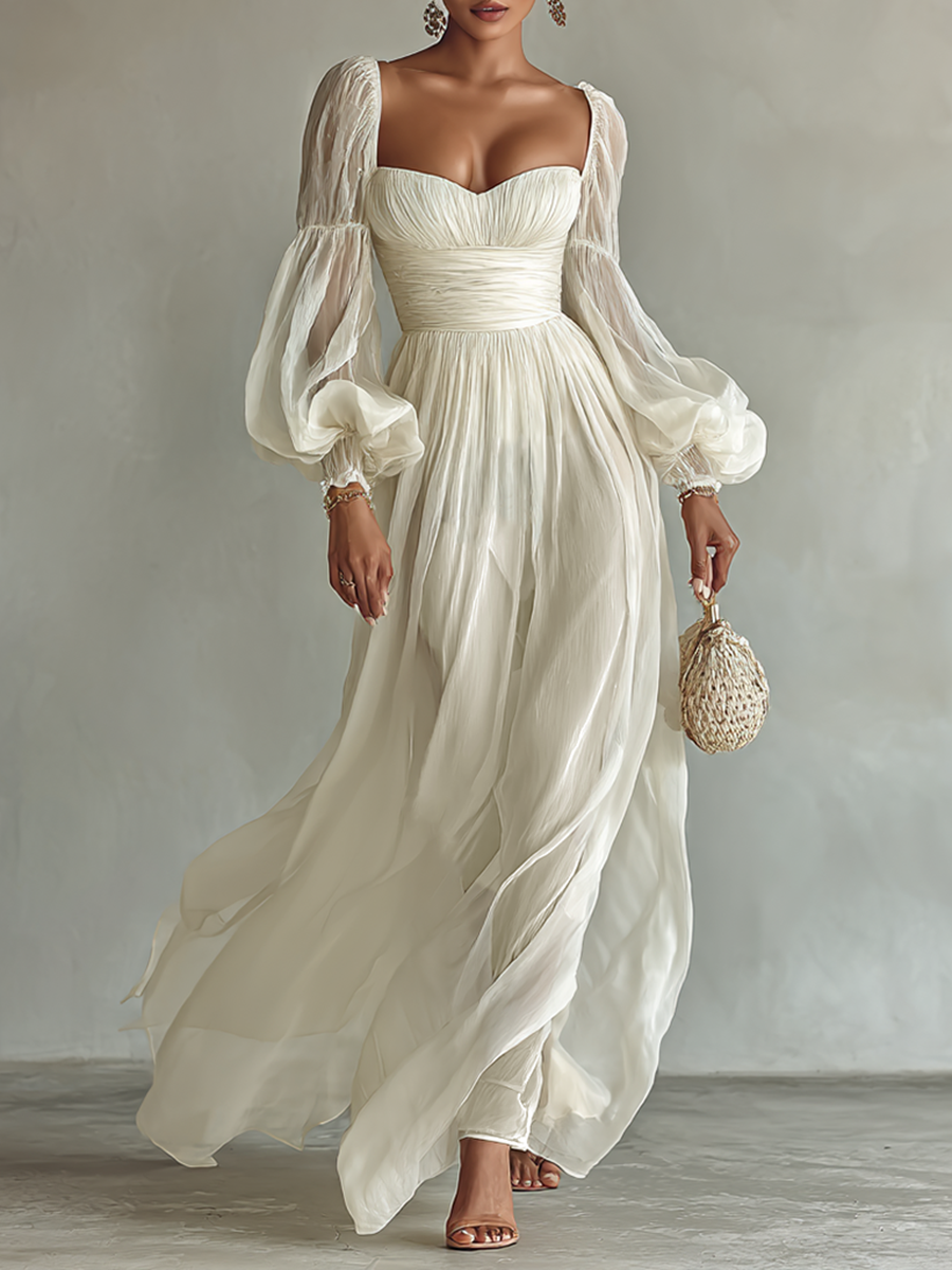 White square-neck chiffon maxi dress