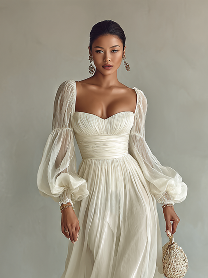 White square-neck chiffon maxi dress