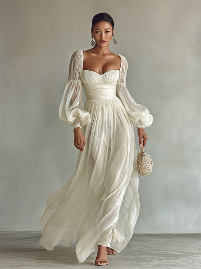 White square-neck chiffon maxi dress