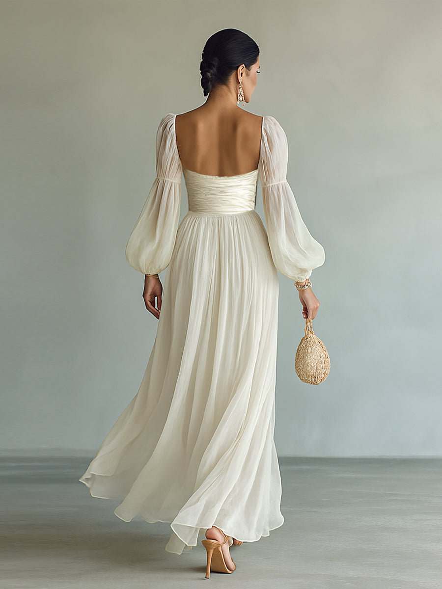 White square-neck chiffon maxi dress