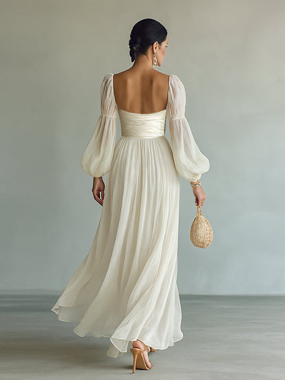 White square-neck chiffon maxi dress