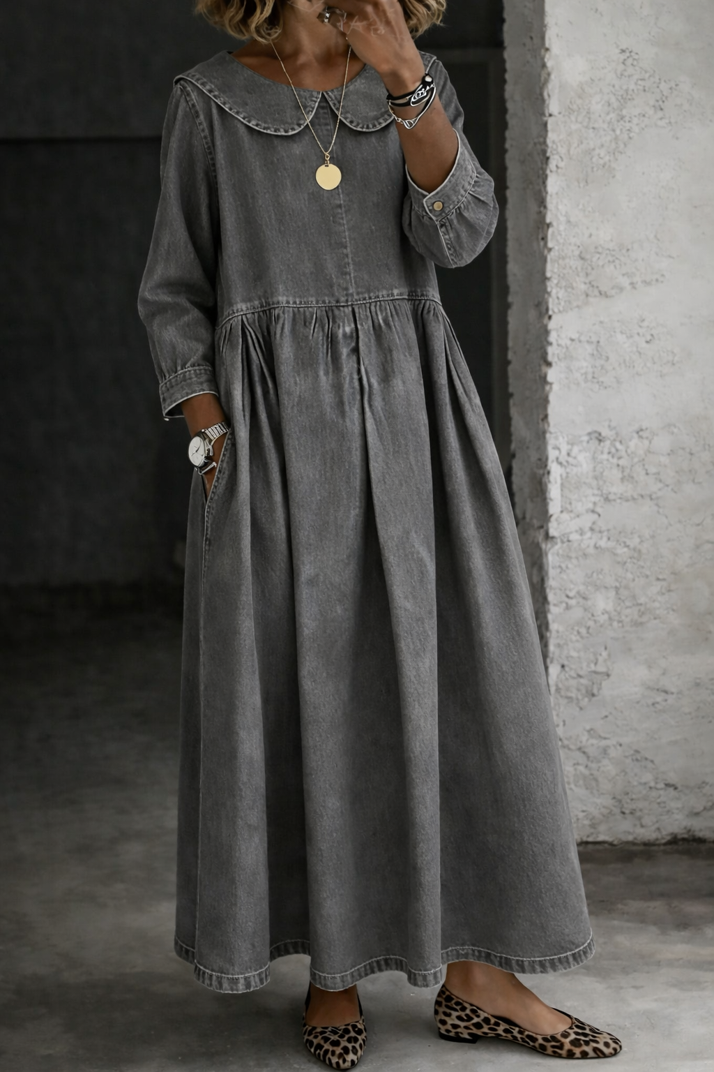 Clara denim day dress in grey