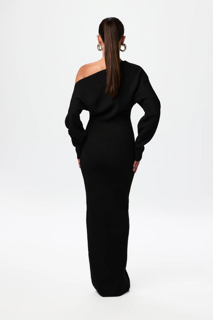 Off-shoulder knit maxi dress in black back view