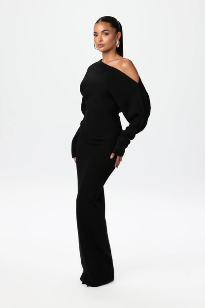 Off-shoulder knit maxi dress in black front view