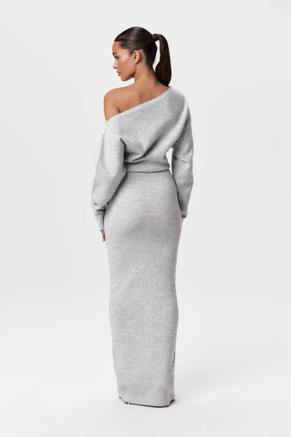 Off-shoulder knit maxi dress in gray back view