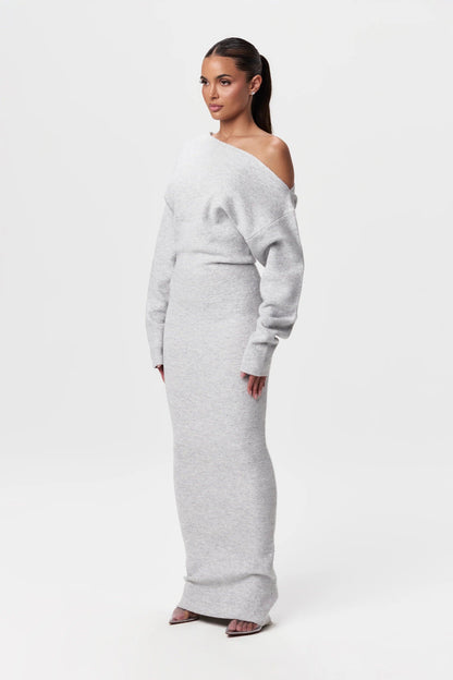Off-shoulder knit maxi dress in gray front view