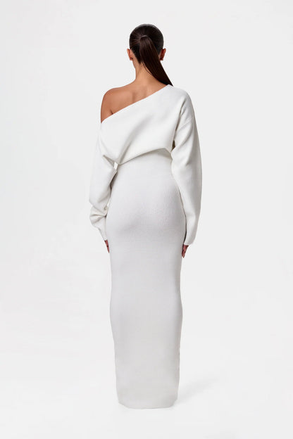 Off-shoulder knit maxi dress in white back view