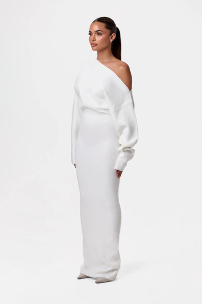 Off-shoulder knit maxi dress in white front view