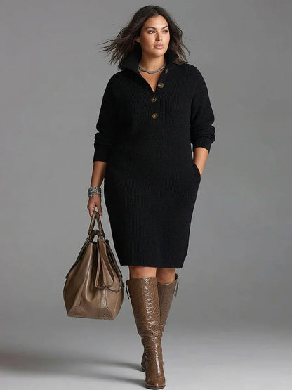 Marielle soft ribbed button-collar midi sweater dress