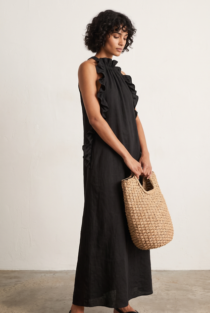 Linen blend sleeveless maxi dress with ruffle details