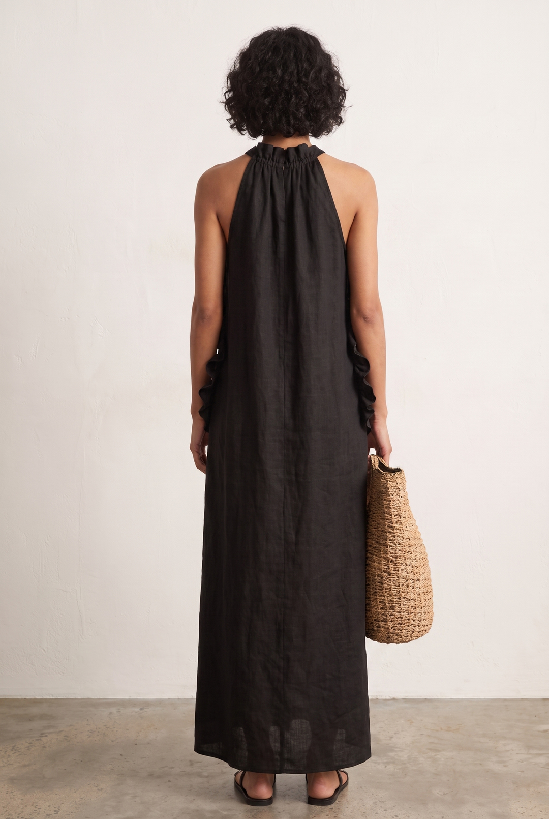 Linen blend sleeveless maxi dress with ruffle details