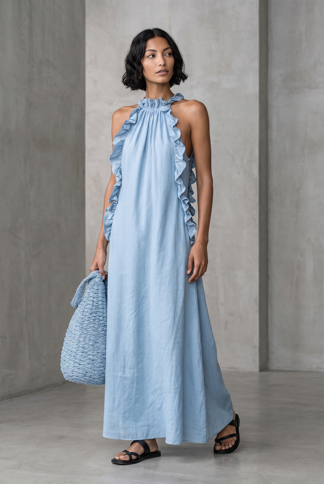Linen blend sleeveless maxi dress with ruffle details