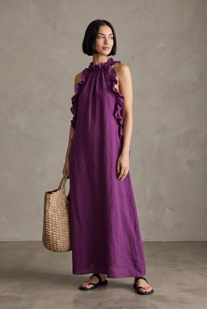 Linen blend sleeveless maxi dress with ruffle details