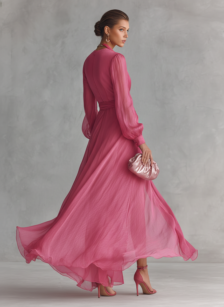 Rose pink pearl chiffon tie-waist maxi dress