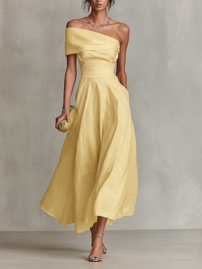 Yellow one-shoulder linen dress