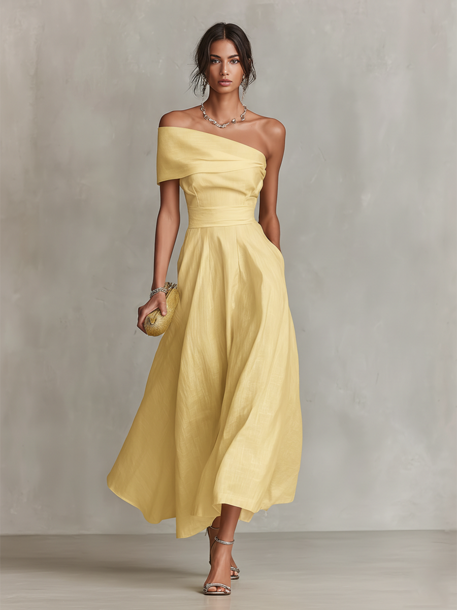 Yellow one-shoulder linen dress