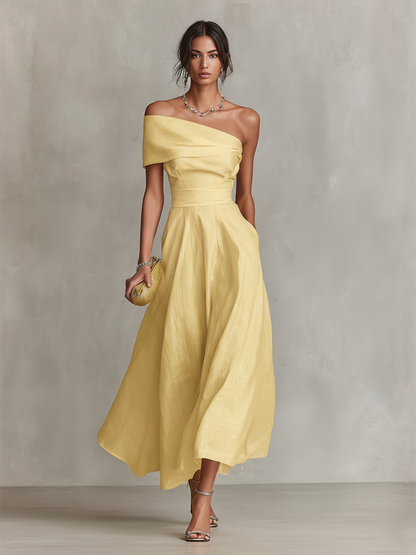 Yellow one-shoulder linen dress