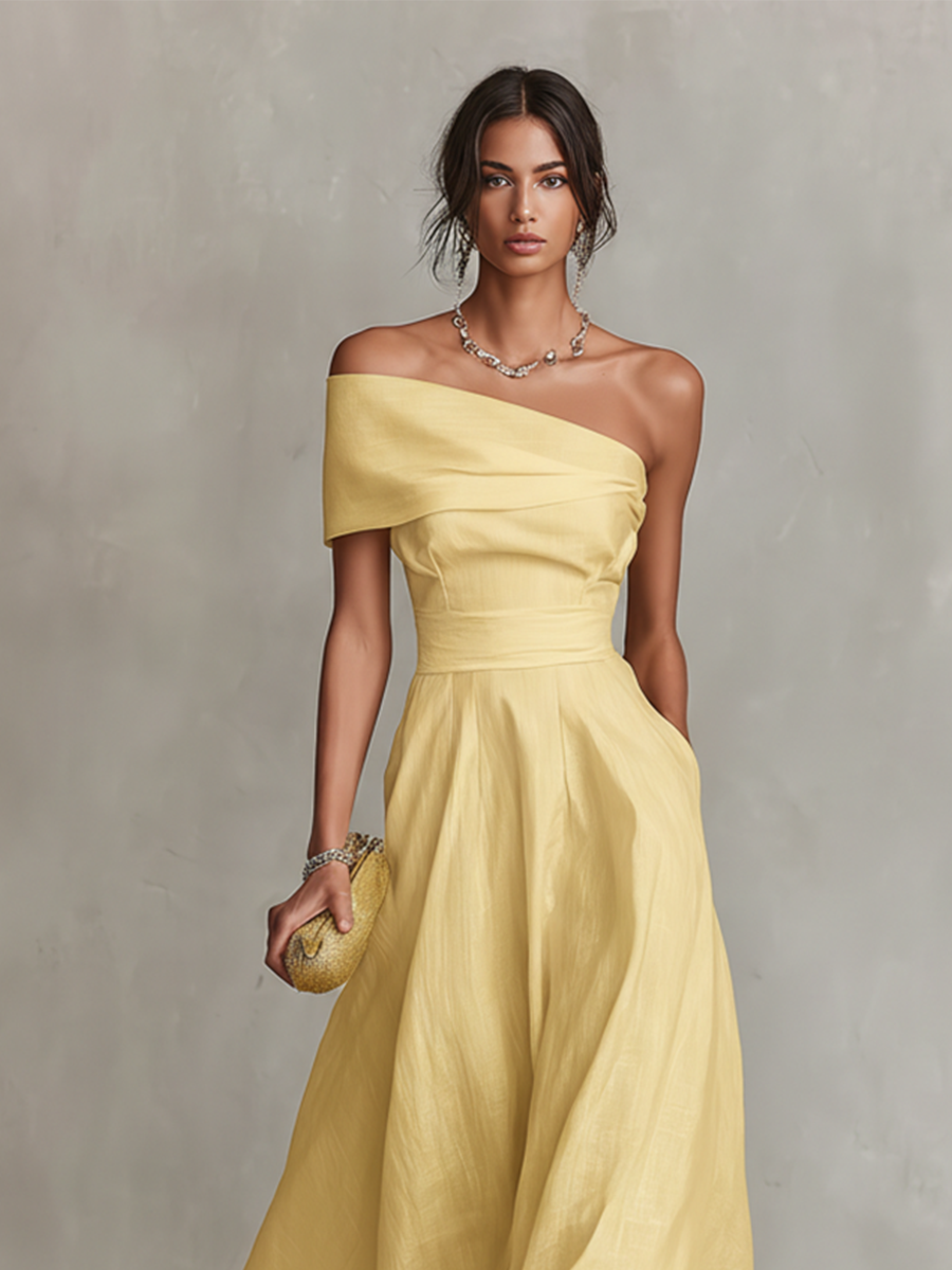 Yellow one-shoulder linen dress