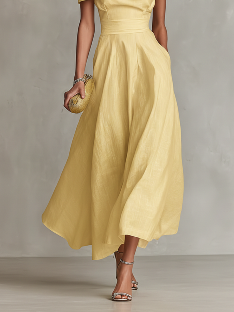 Yellow one-shoulder linen dress