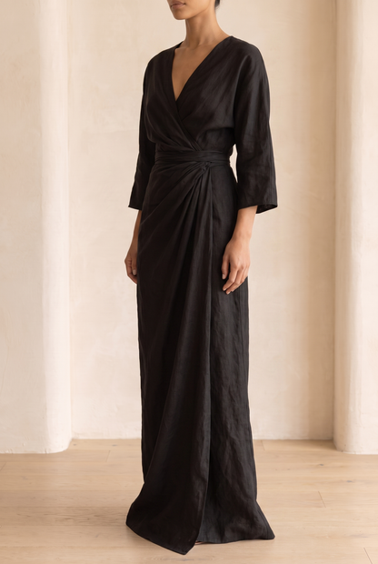 Solea | V-Neck Linen Blend Maxi Dress