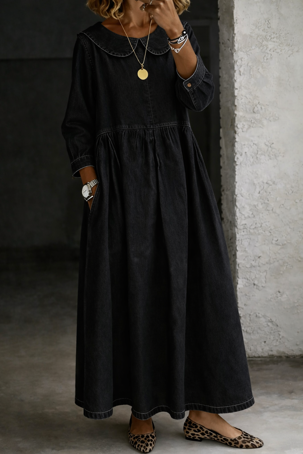 Aster relaxed Peter Pan collar denim dress — image 6