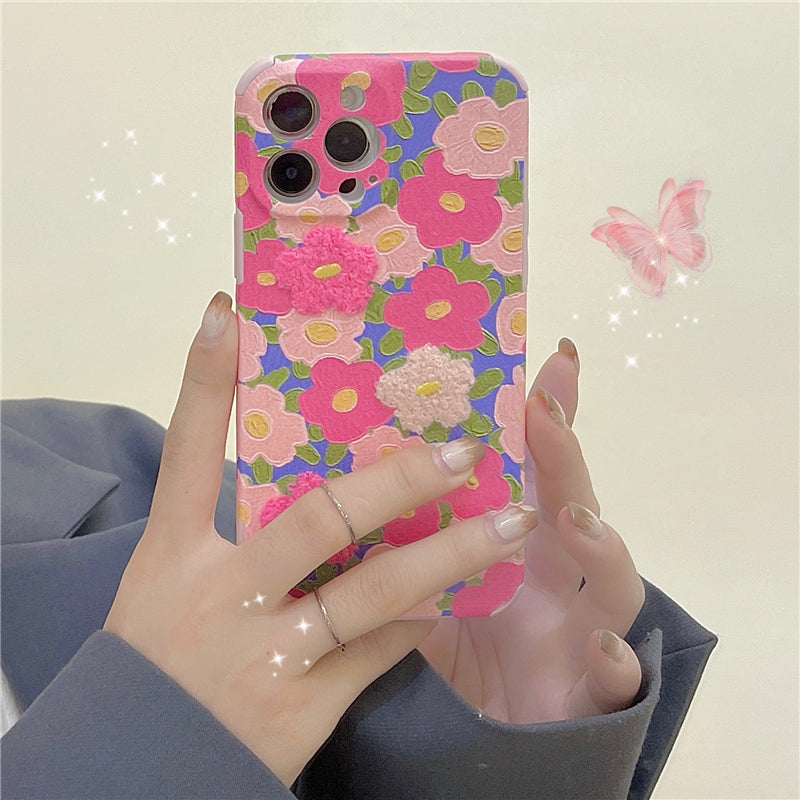 Pink Flowers Embroidery Plush iPhone Case