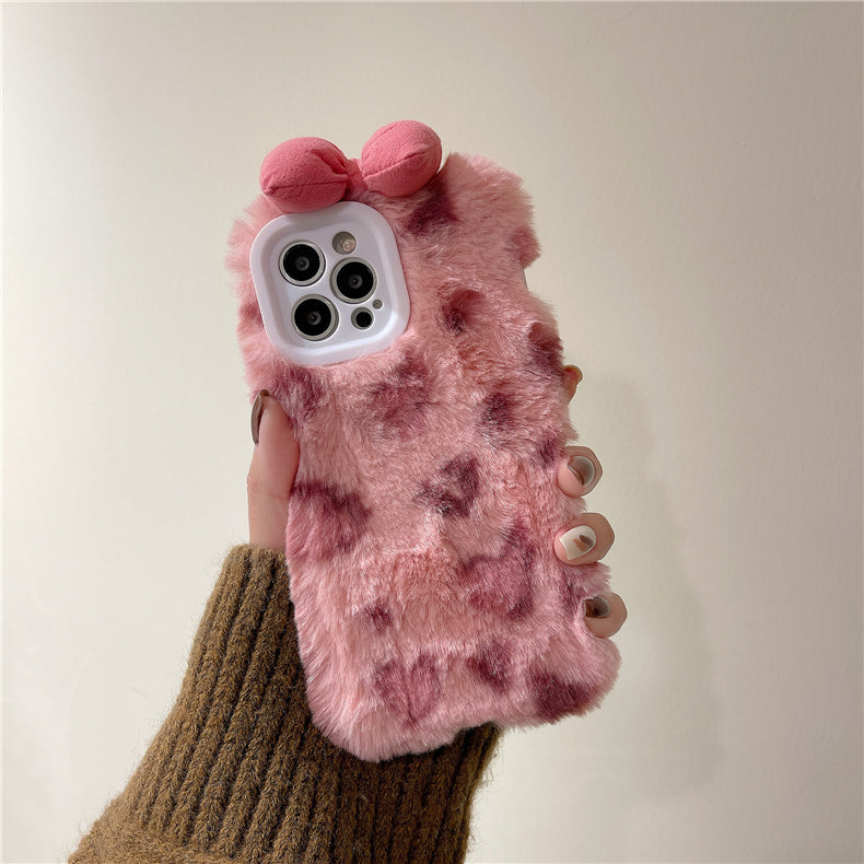 Furry 3D Bow Heart Plush iPhone Case